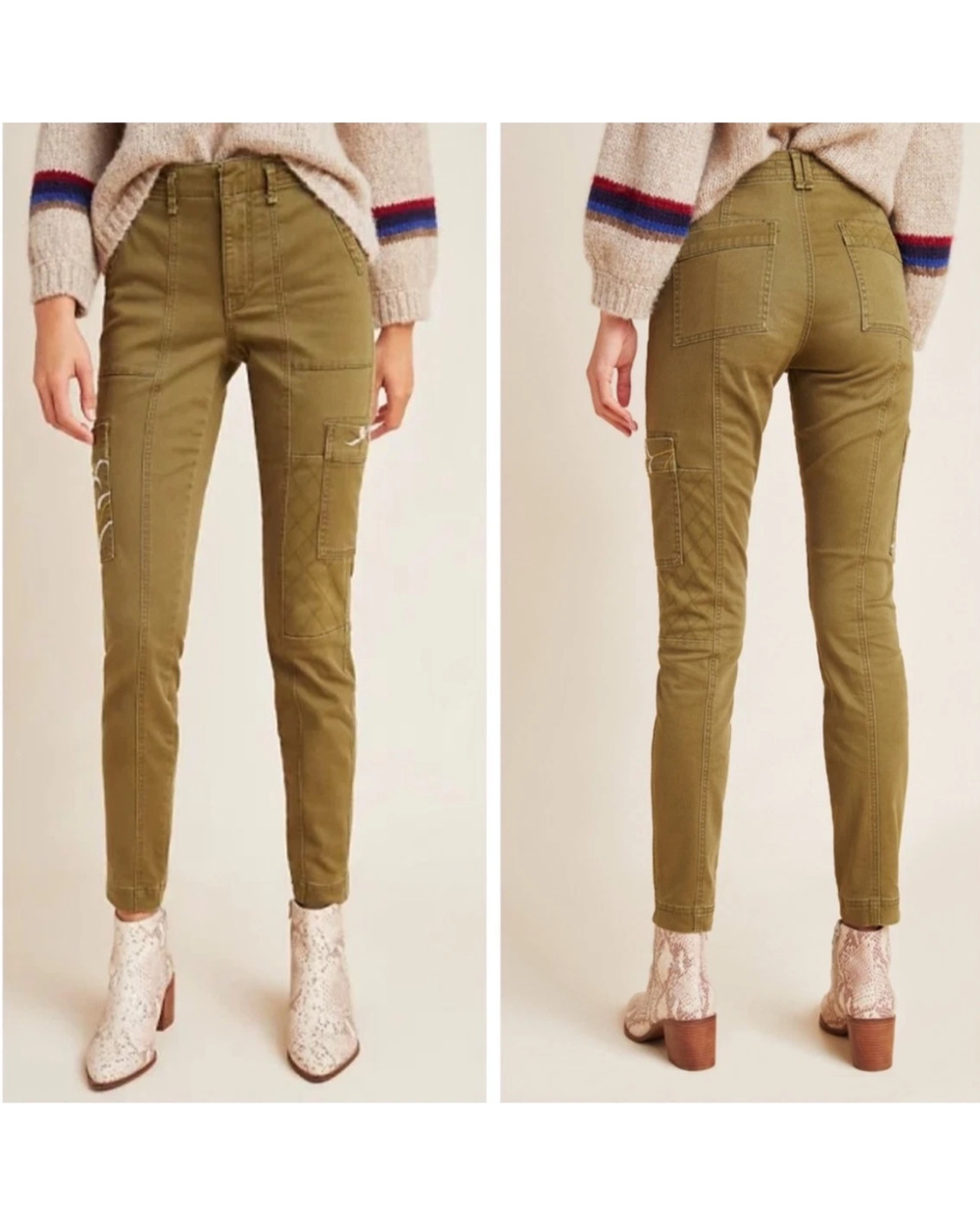 By Anthropologie Austen Cargo Skinny Pants Khaki Green Embroidered Boho Jean 27